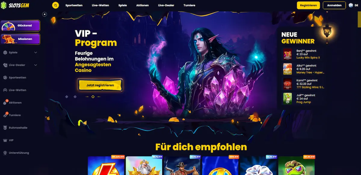 Startseite des Slotsgem Casinos mit beliebten Spielautomaten und Spielauswahl