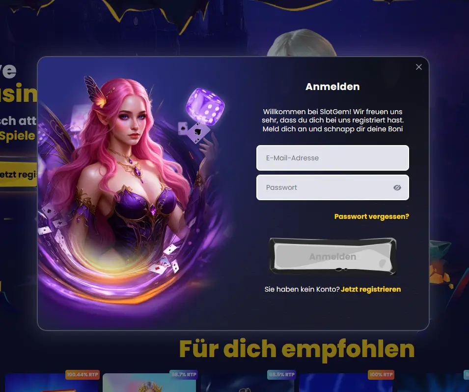 Login-Formular des Slotsgem Casinos für die Anmeldung