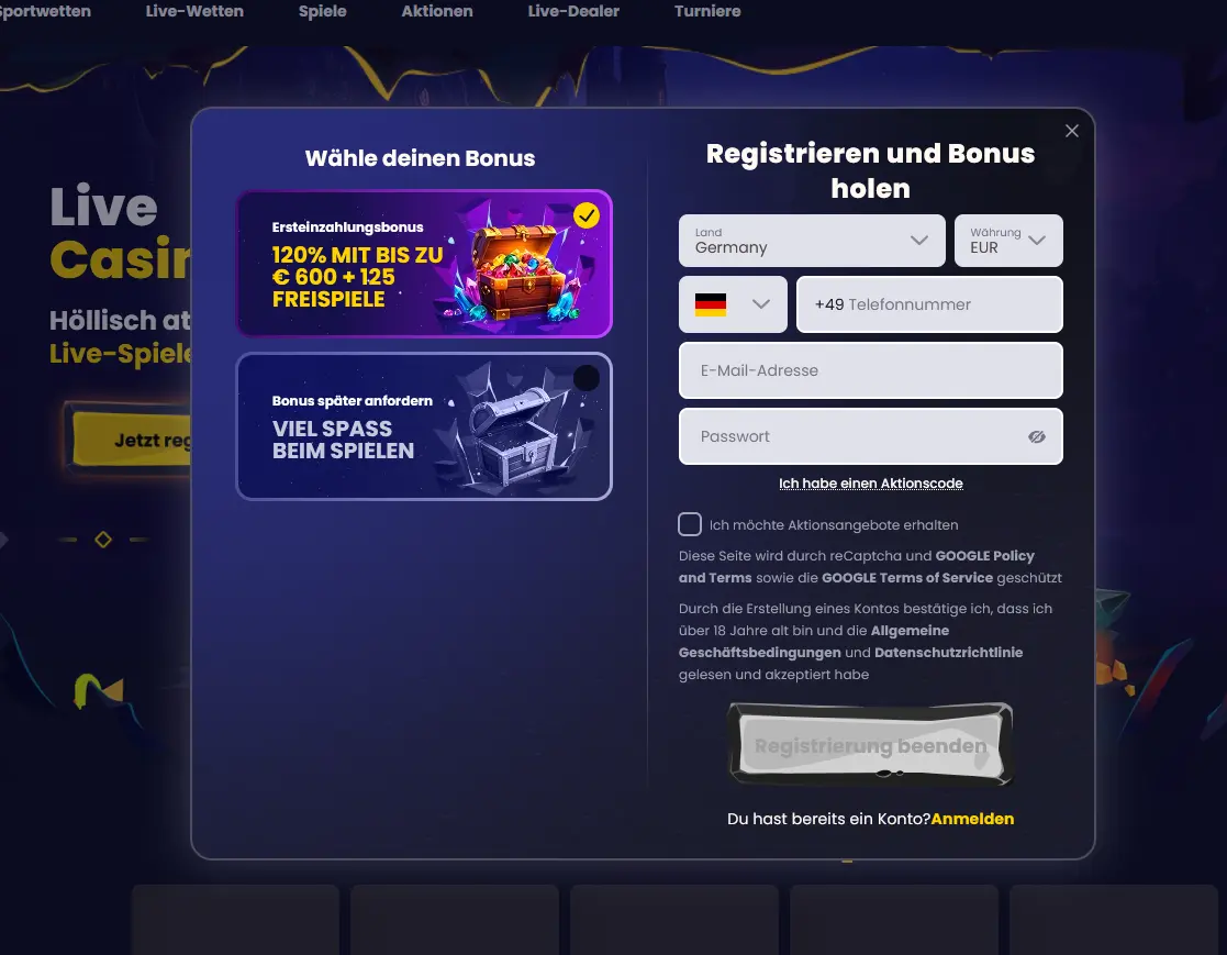 Registrierungsformular für ein neues Konto im Slotsgem Casino