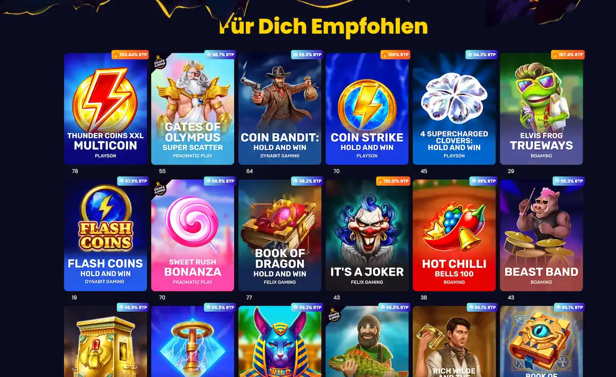 Slot-Auswahl im Slotsgem Casino mit Video-Slots und Megaways-Titeln