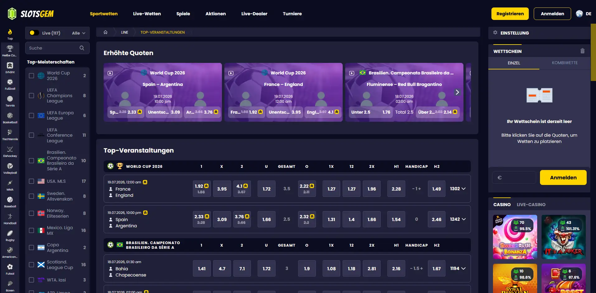 Slotsgem Fast Games, Game Shows und weitere Spielbereiche im Überblick